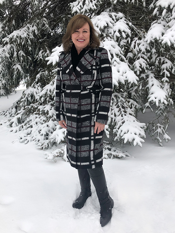 Why I am Upping My Coat Game During the Pandemic.  Dianne in a long wool plaid coat like Taylor Swift.