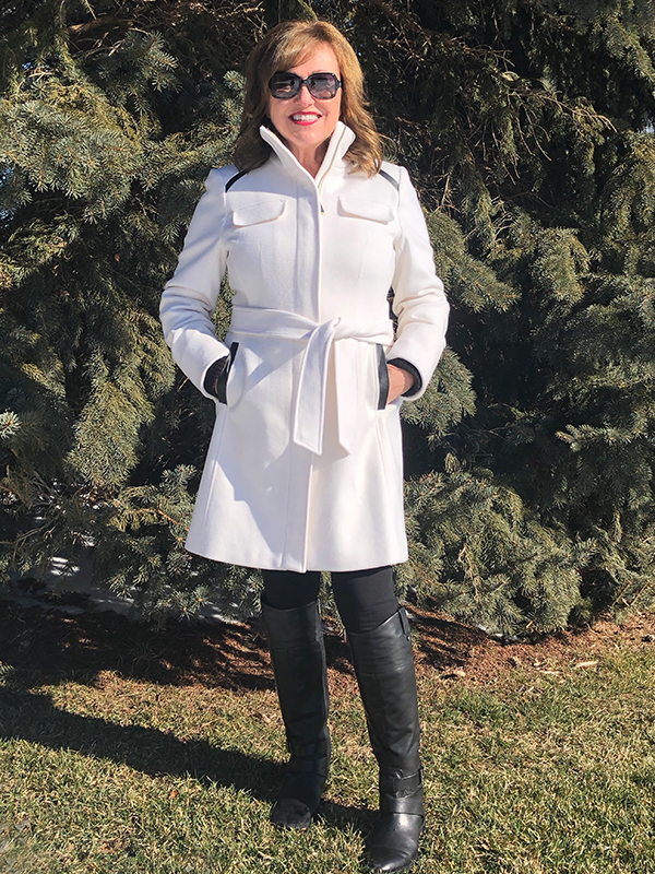 Why I am Upping My Coat Game During the Pandemic.  Dianne in a winter white dressy wool coat.