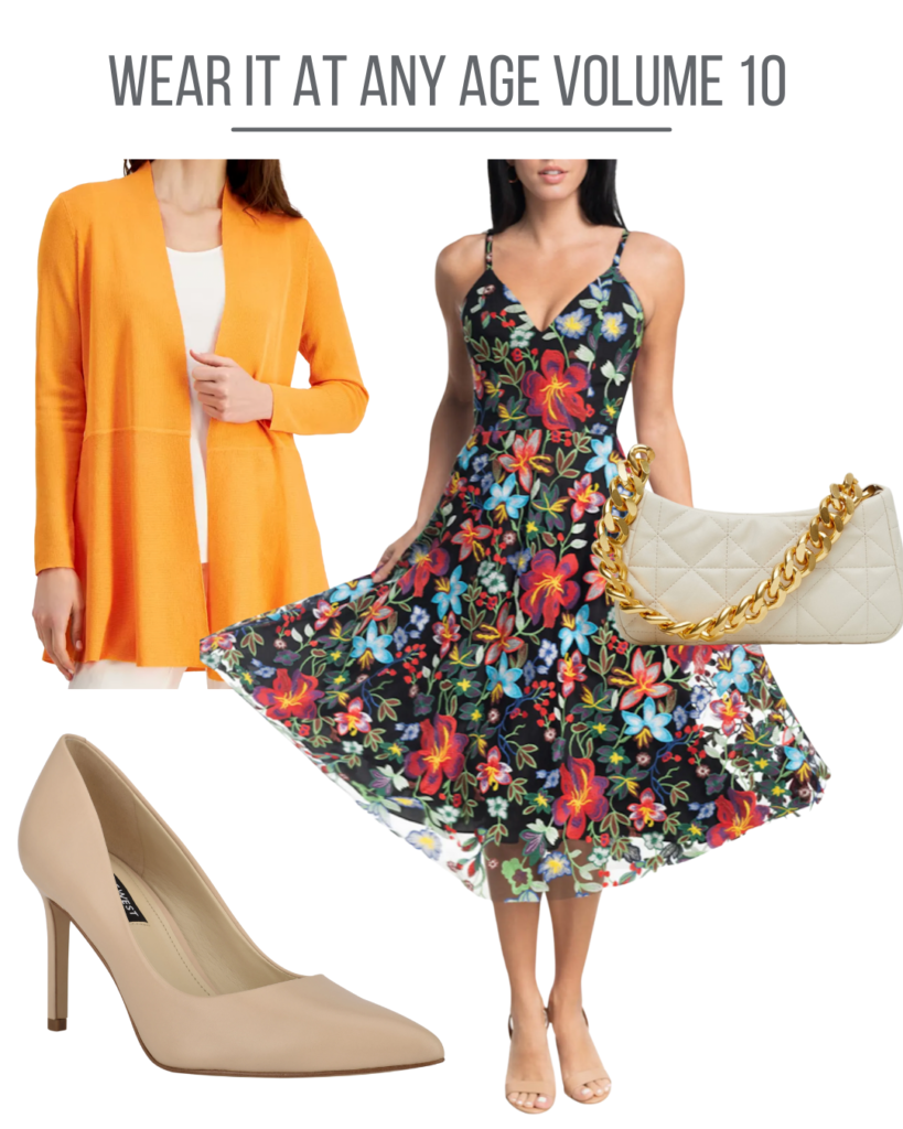 Collage of an orange sweater with a floral dress