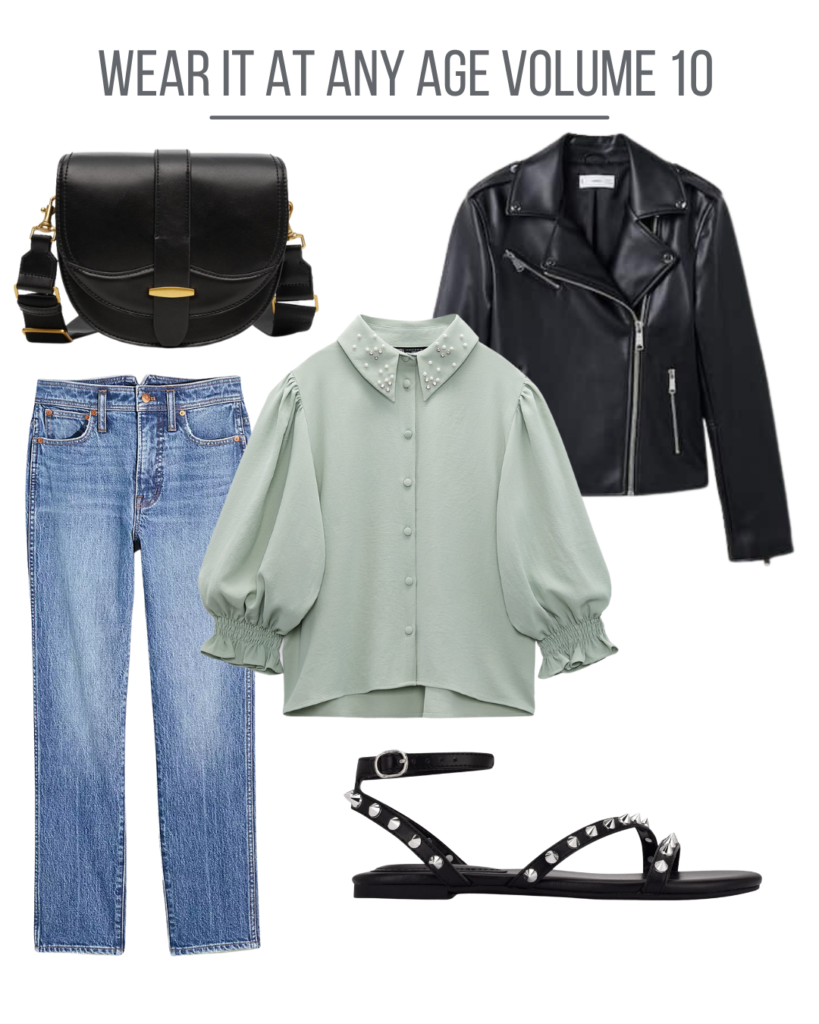 Collage of women's clothing featuring green embellished top.