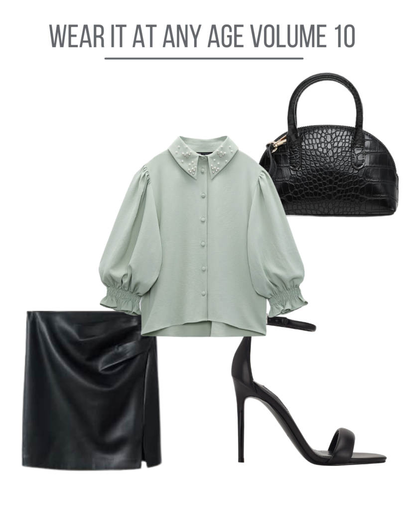 Collage of green top with leather skirt.