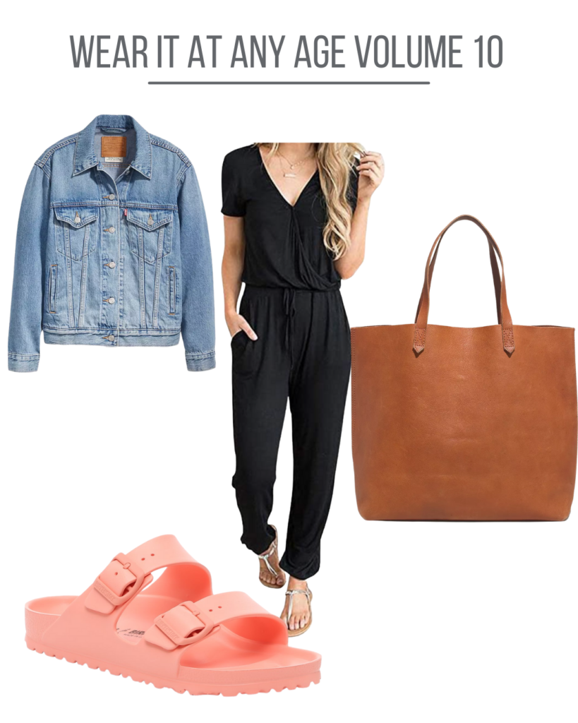 Women's clothing collage featuring black jumpsuit and denim jacket.