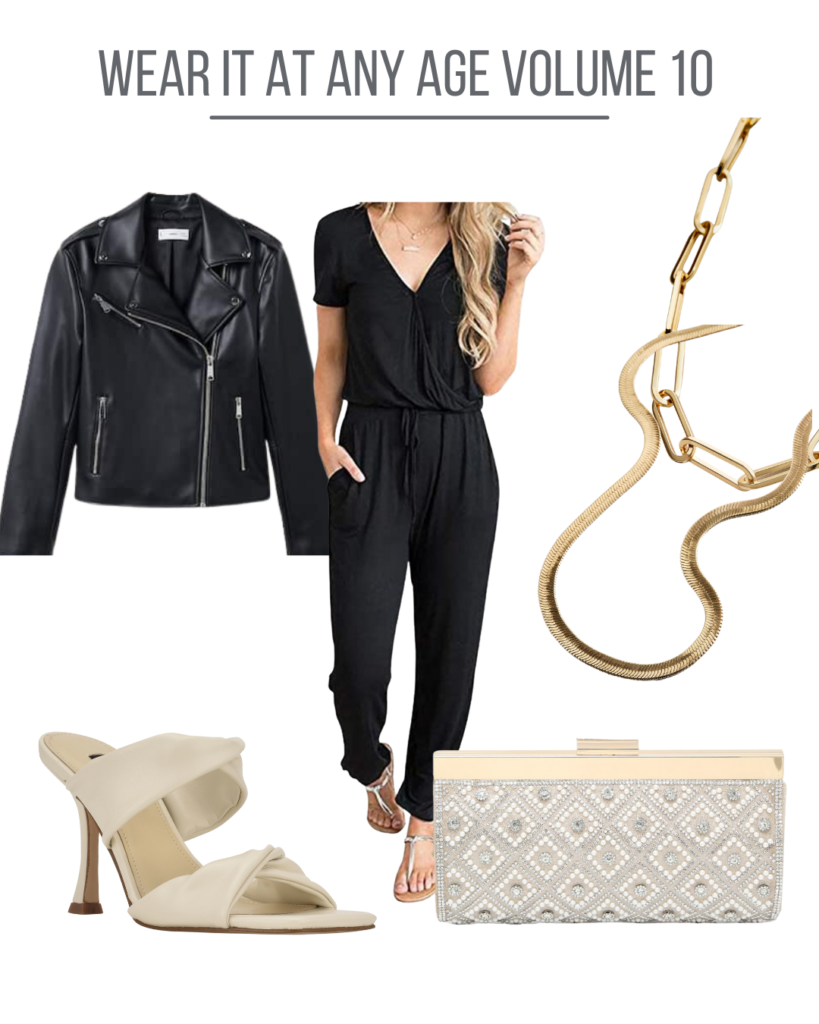 Women's clothing collage with black leather jacket and pearl clutch.