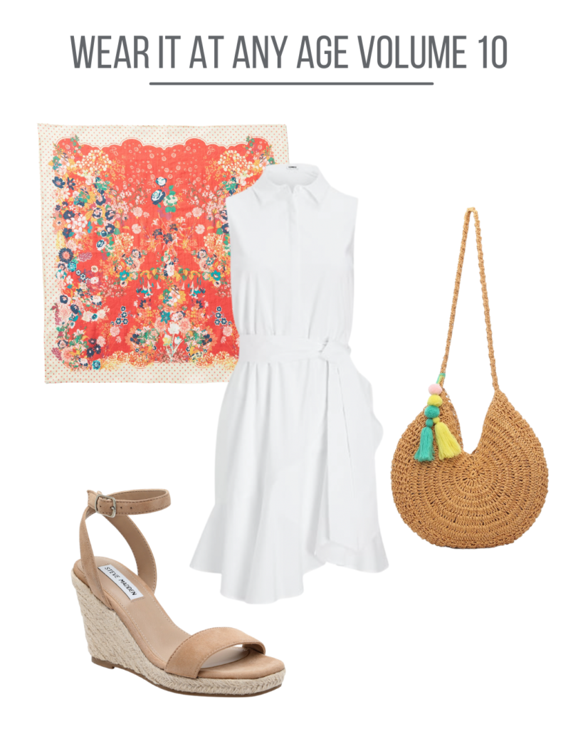 Collage of white dress with scarf and straw handbag.