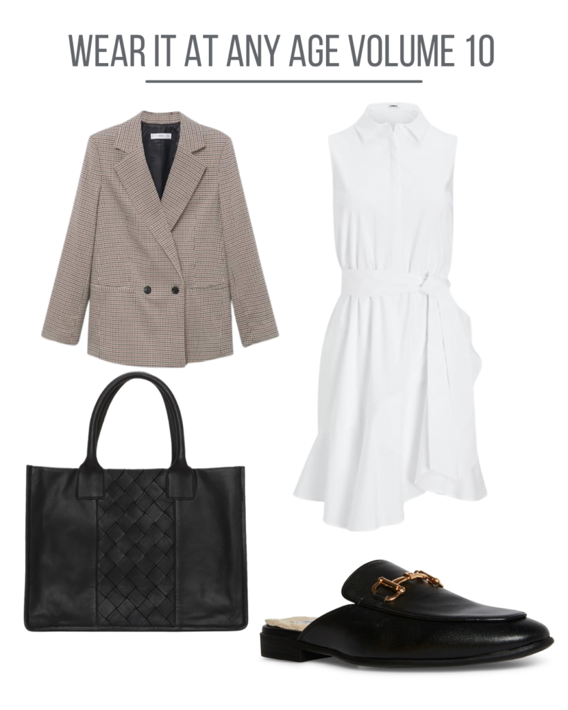 Collage of white dress with work accessories.