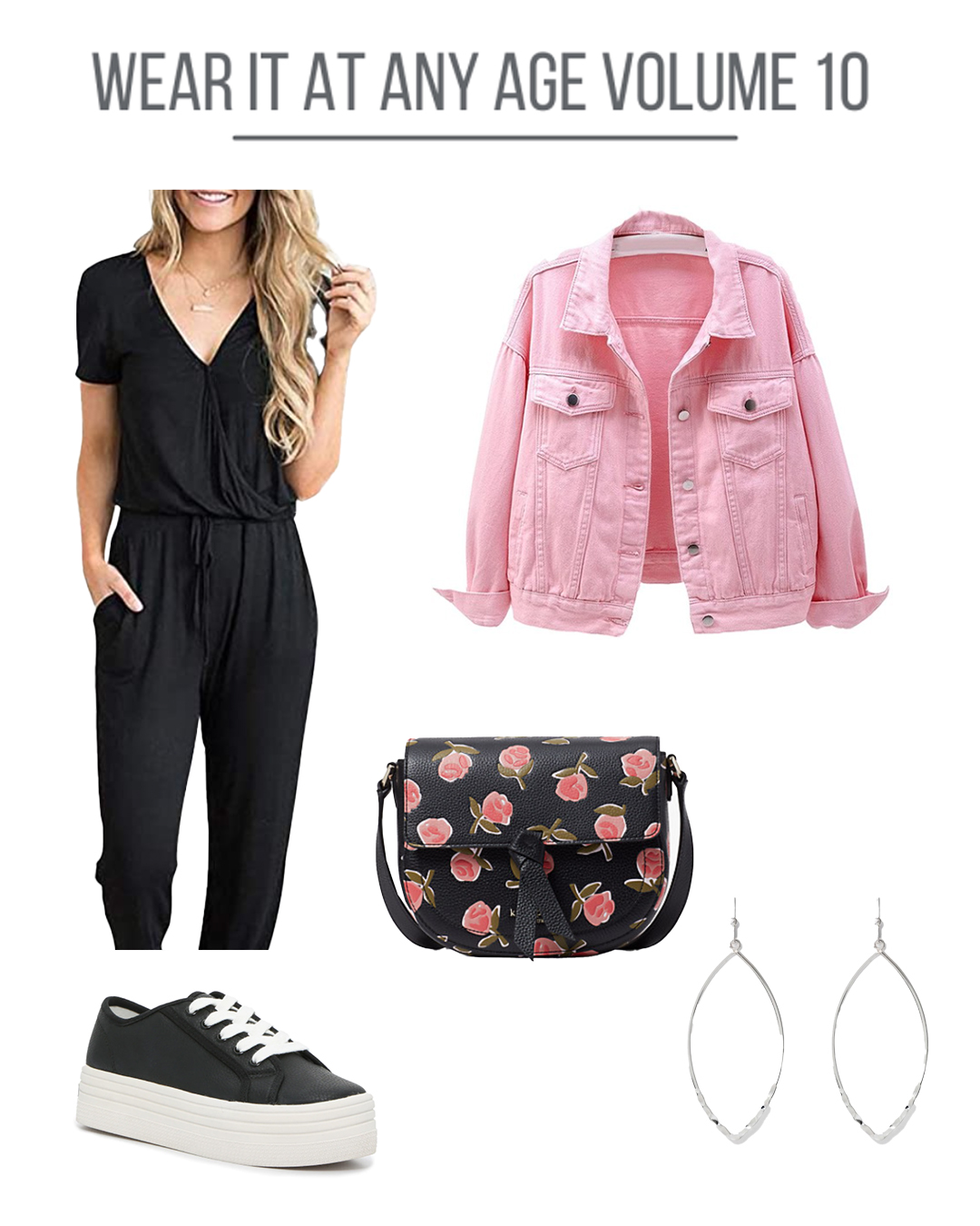 Women's clothing collage with black jumpsuit and pink denim jacket.