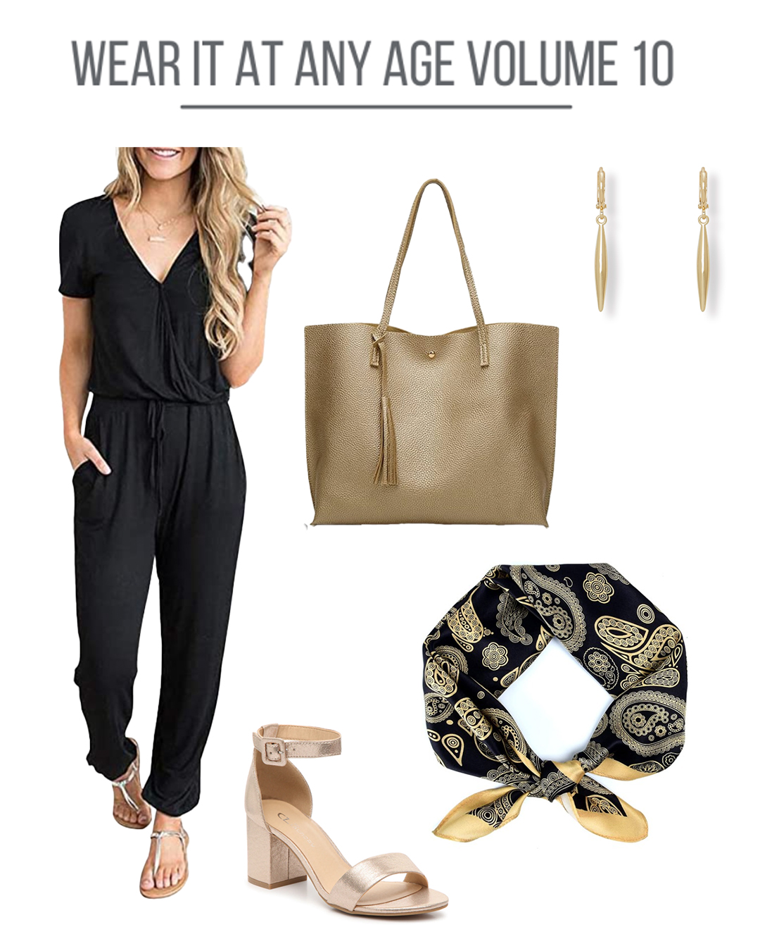 Women's clothing collage with metallic accessories.
