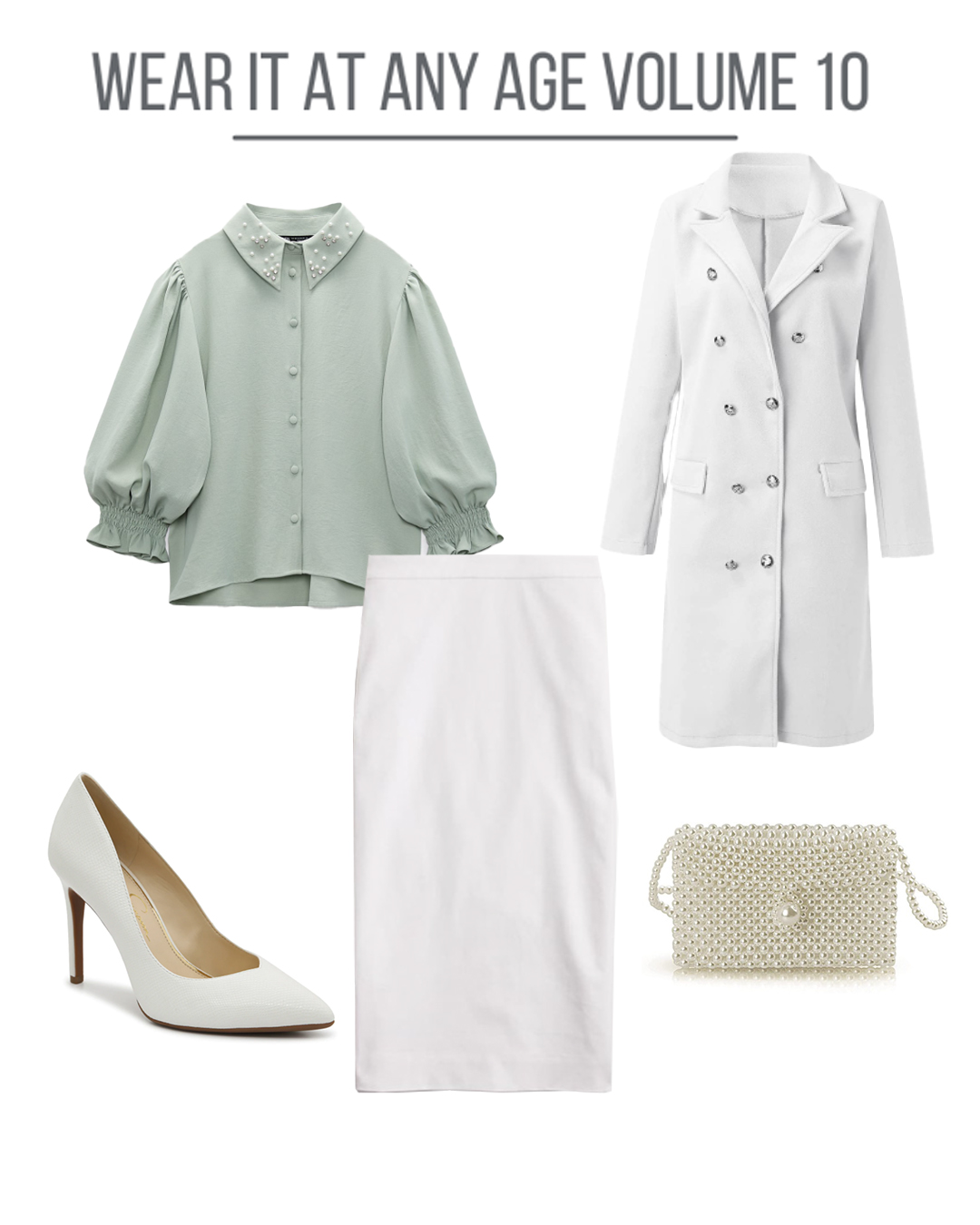 Collage of women's outfit with green top.