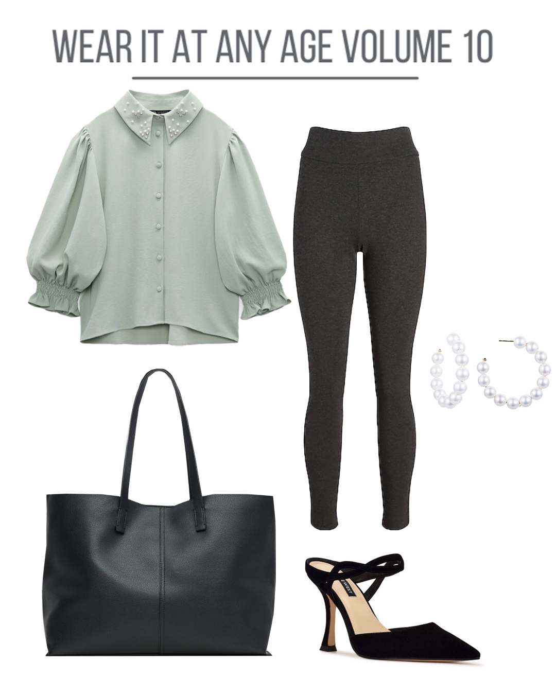 Women's clothing collage with green embellished top.