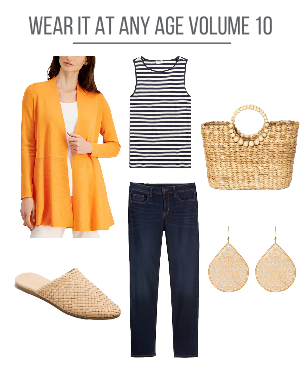 Collage of an outfit featuring an orange sweater and jeans