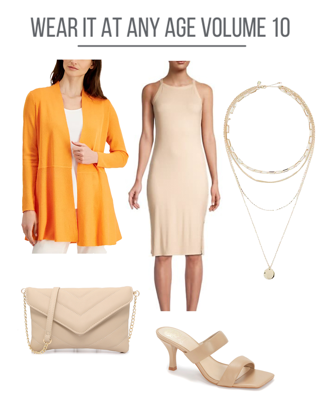 Collage of an outfit featuring an orange sweater with a neutral colored dress