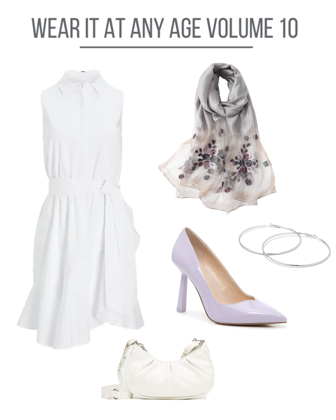 Women's clothing collage featuring a white dress and lavender accessories