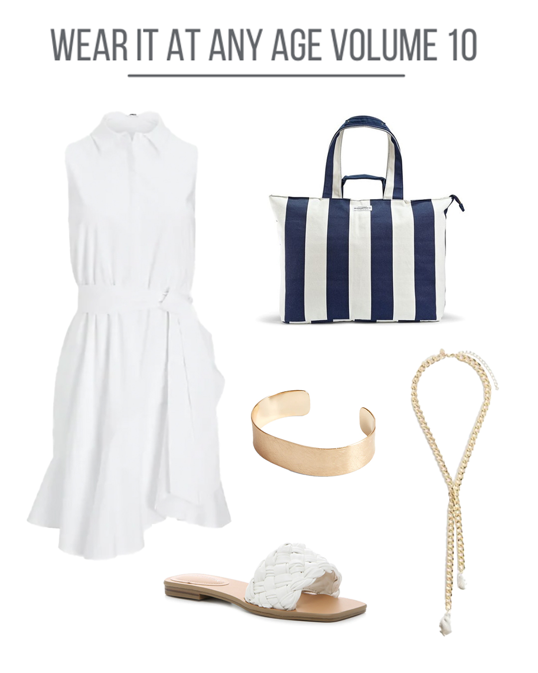 Women's clothing collage with white dress and navy.white striped bag