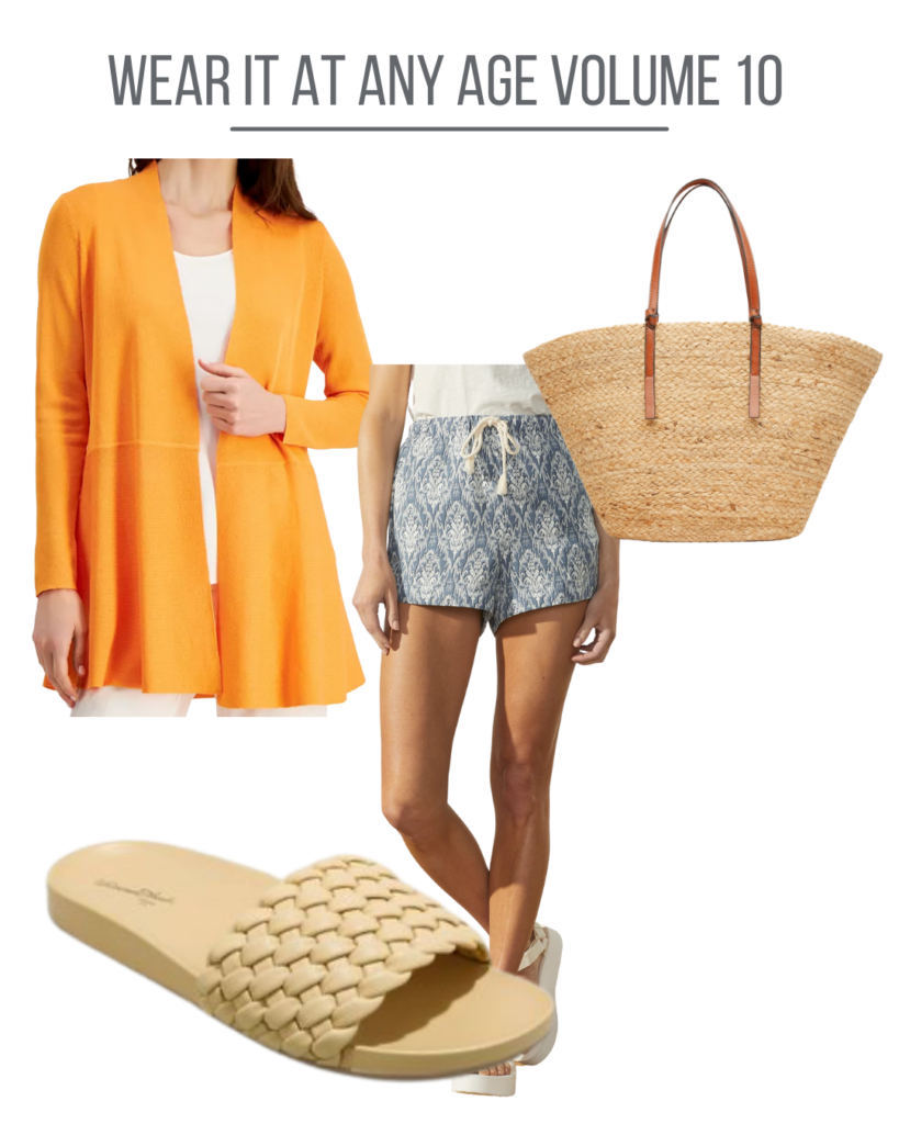 Collage of an orange sweater with shorts.