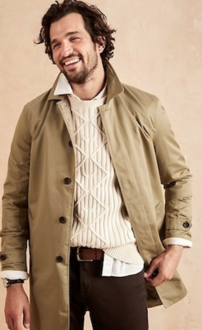 Man wearing trench coat as part of Mens's Spring Fashion for 2022.