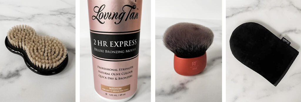 A grouping of sunless tanner application tools