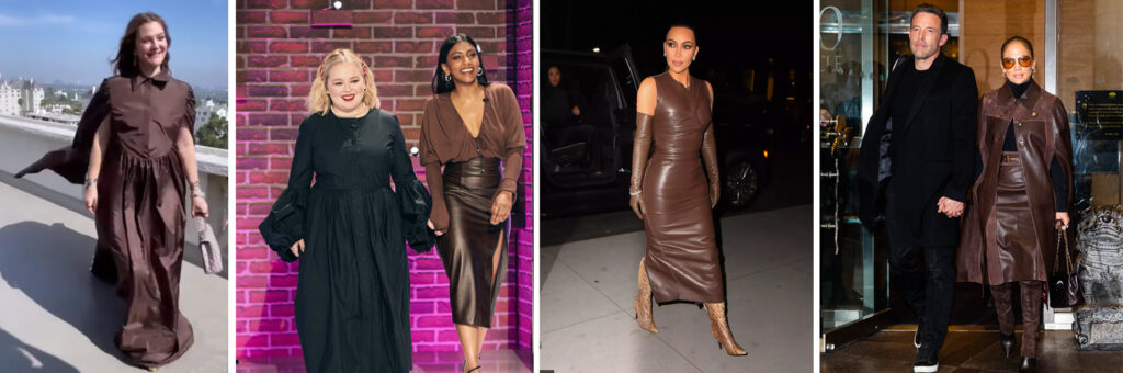 Collage of celebrities wearing brown clothes.