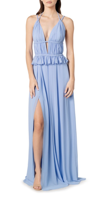 Woman wearing Periwinkle Halter Gown 