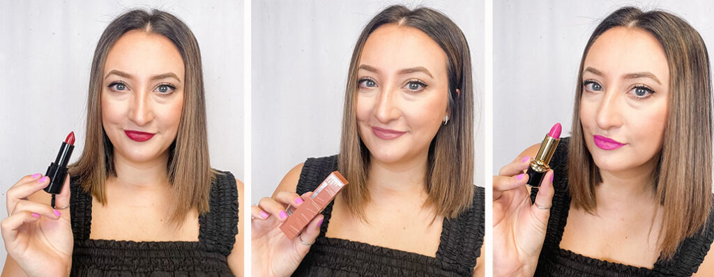 Jen from The Harper Girls trying on different shades of lipstick