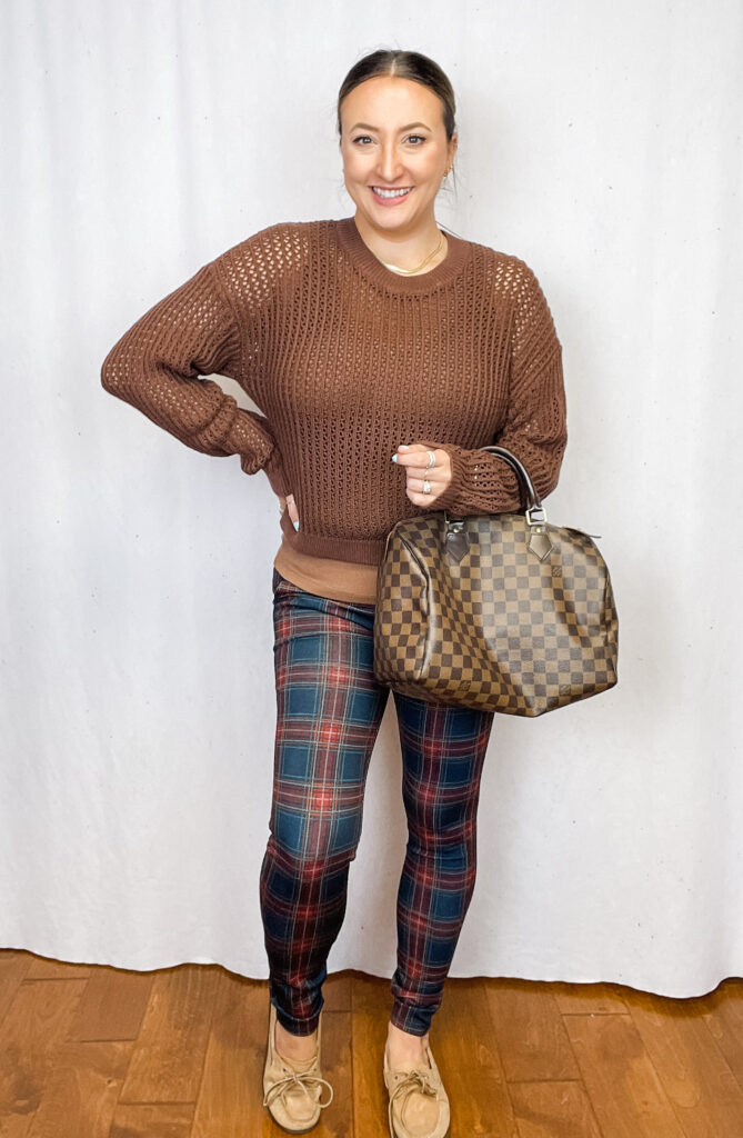 Jen of The Harper Girls wearing a brown crochet sweater