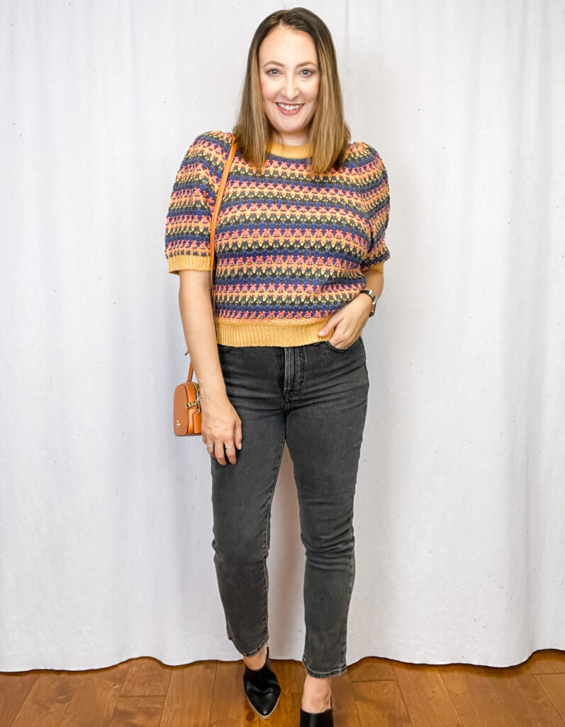 Woman wearing striped elbow sleeve puff sweater for How to Wear it at Any Age Volume 13