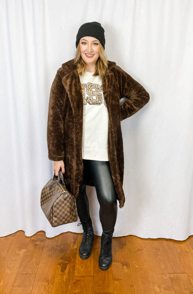 Woman wearing brown fleece jacket