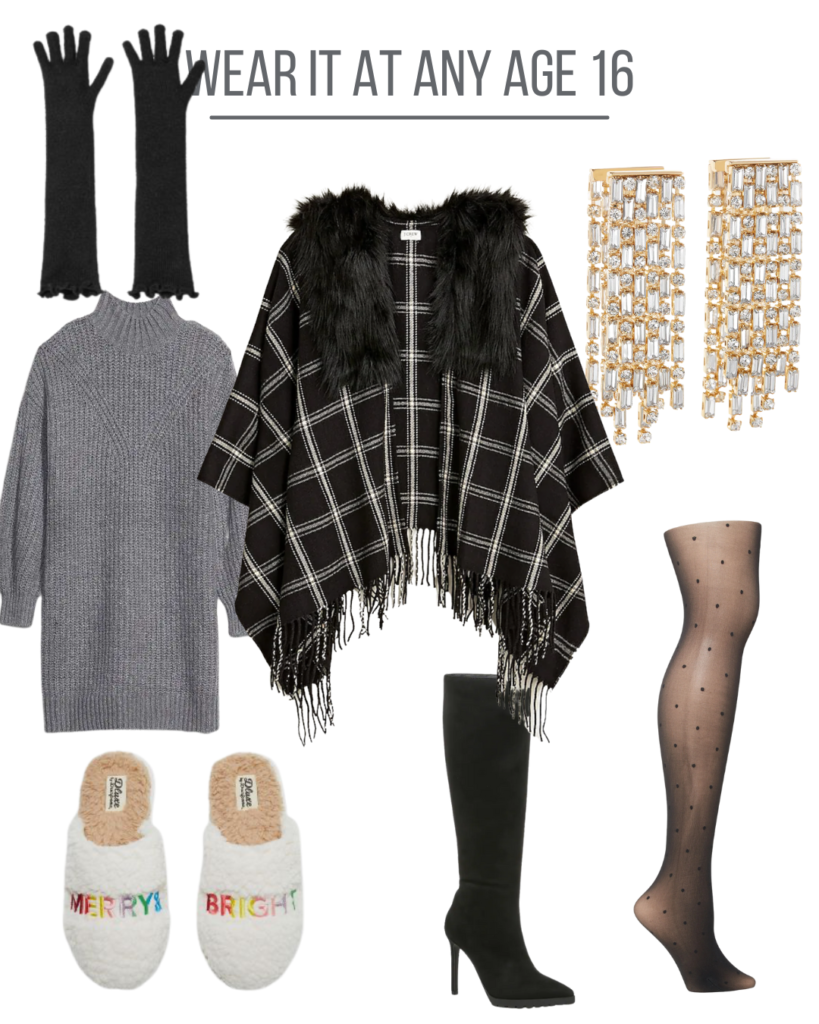 collage of faux fur plaid cape