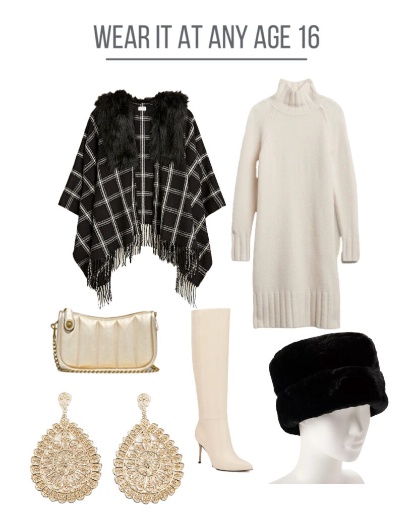 Collage of plaid cape with winter white accessories