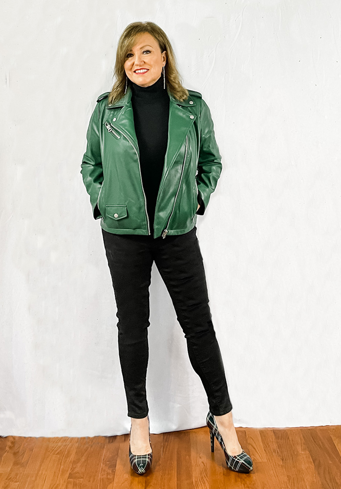 how to wear it at any age woman wearing green moto jacket