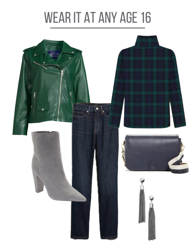 collage of green moto jacket for how to wear it at any age