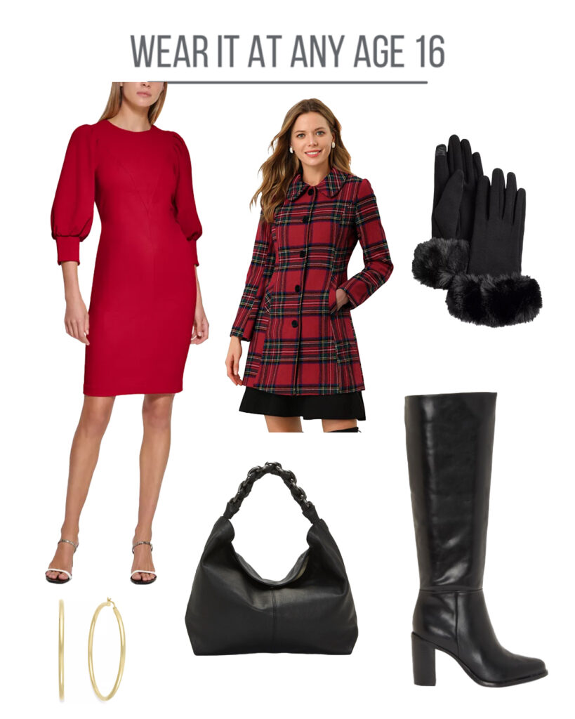 collage of red sheath dress