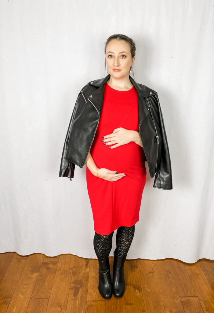 how to wear it at any age woman wearing red dress with leather jacket