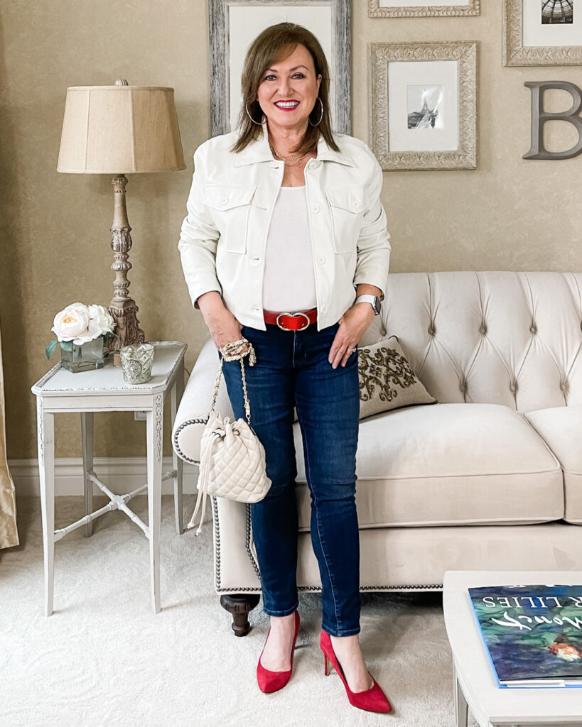 Faux leather cropped jacket as part of Galentine's Day outfits