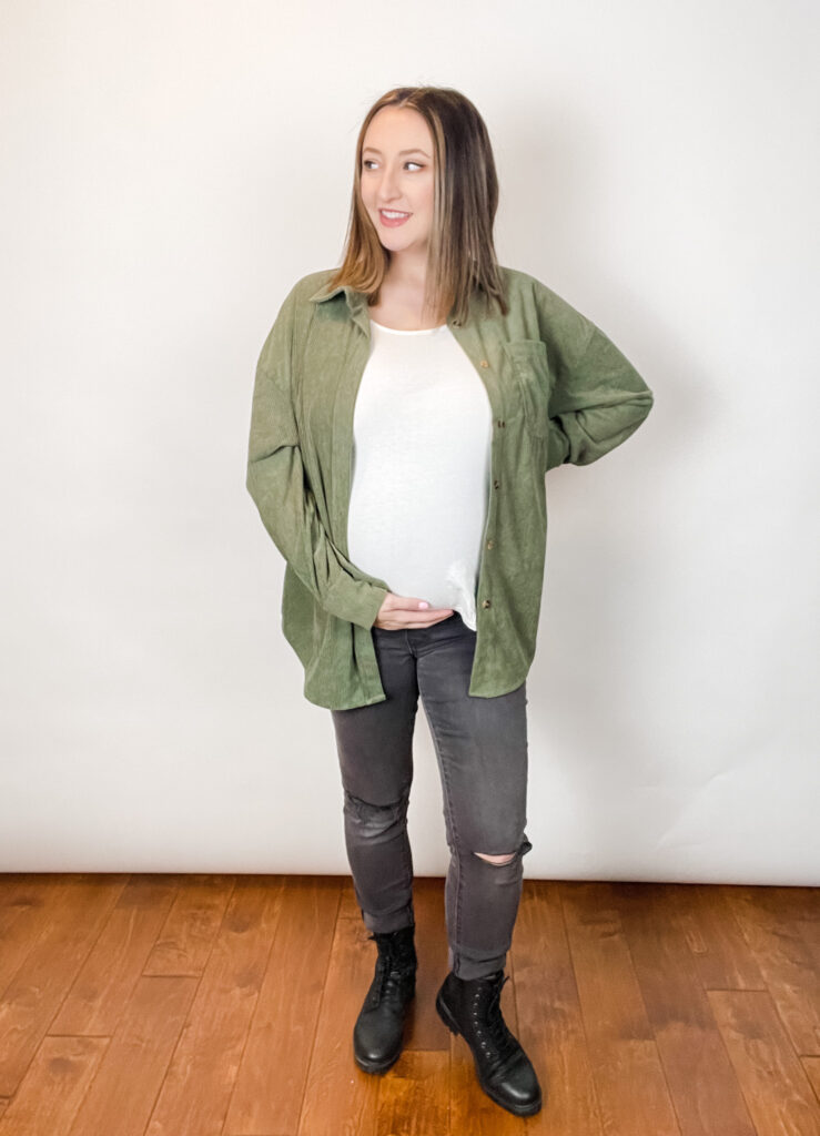 Pregnant woman wearing corduroy jacket