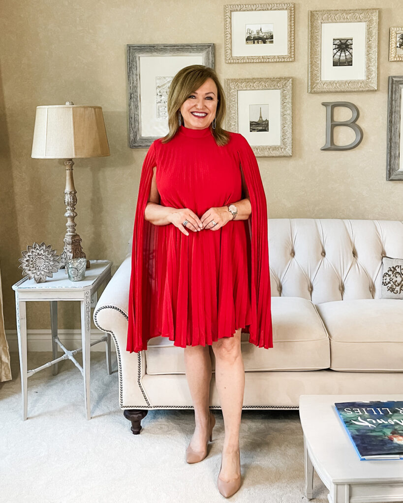 woman wearing red dress