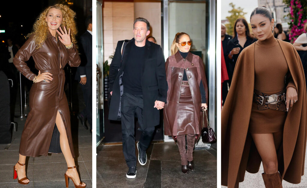 celebrities wearing brown outfits