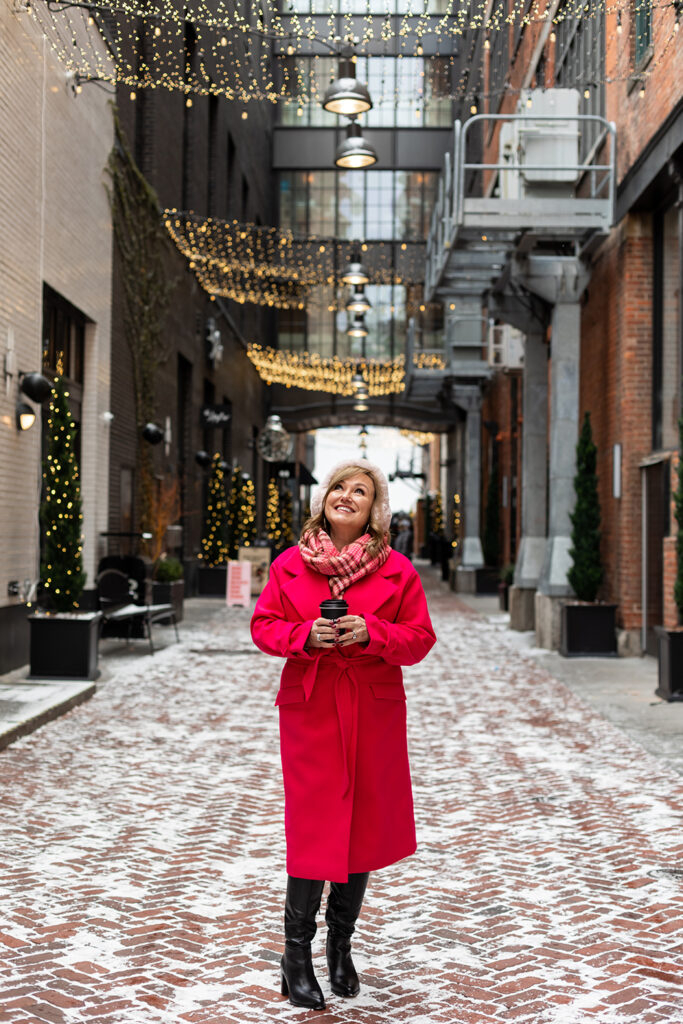 Woman wearing pink winter coat