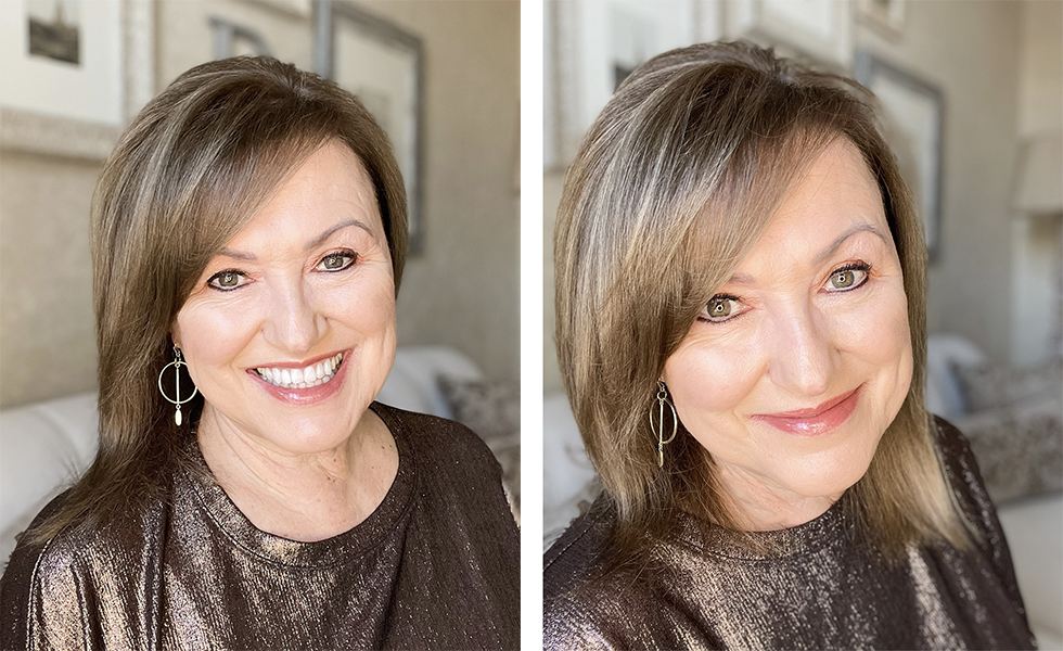 Woman in her 50's wearing glitter eyeshadwo