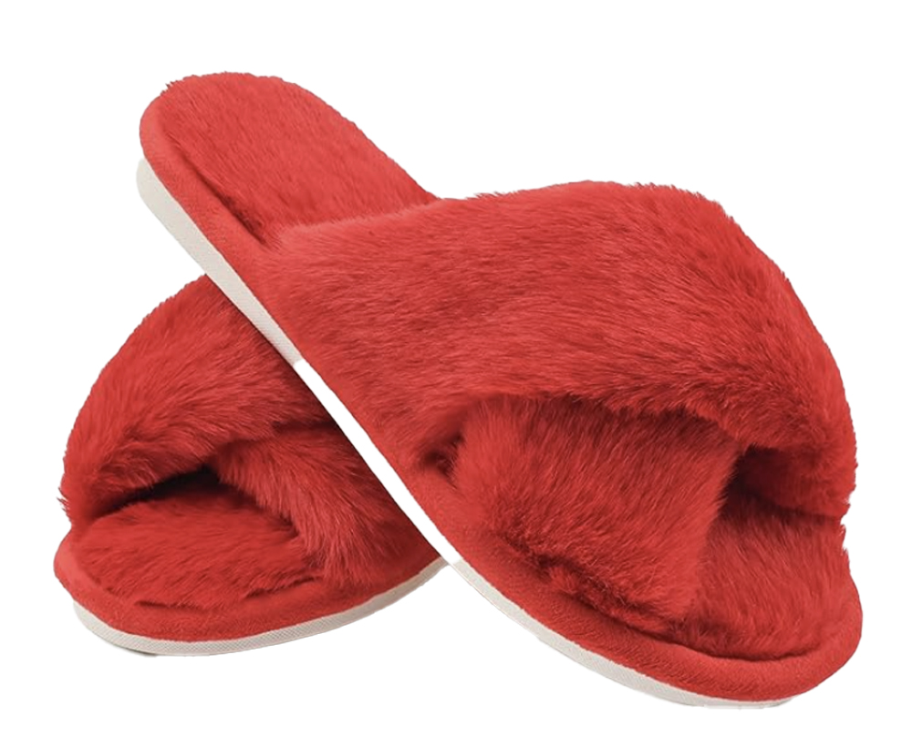 red fuzzy slippers