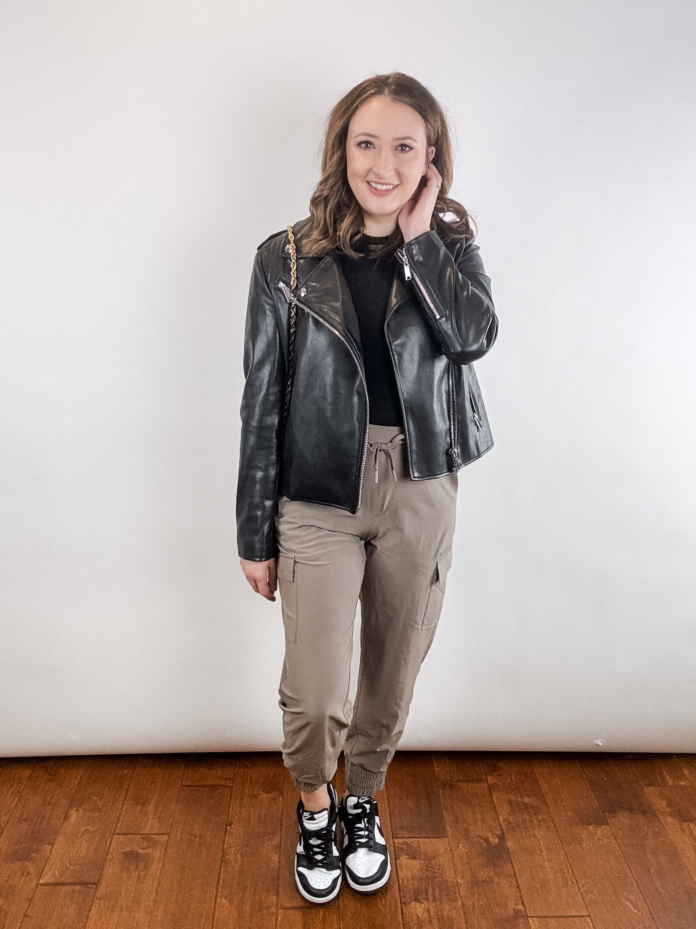 cargo joggers with black leather jacket
