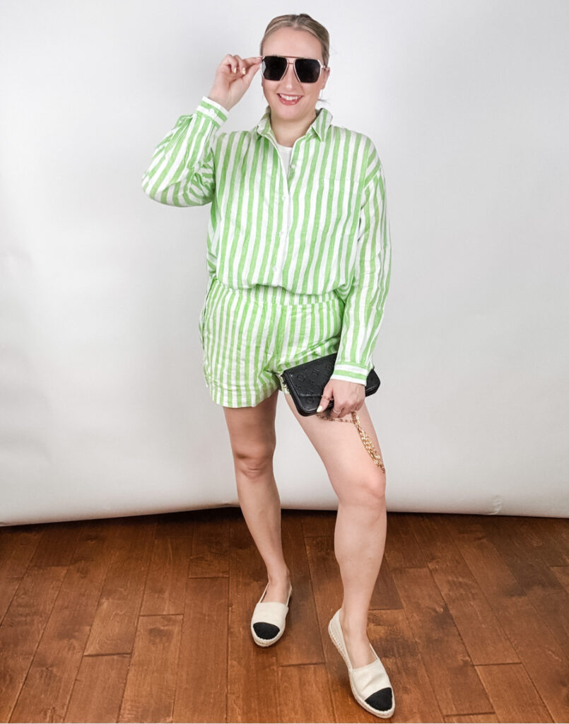 Women in green striped short set